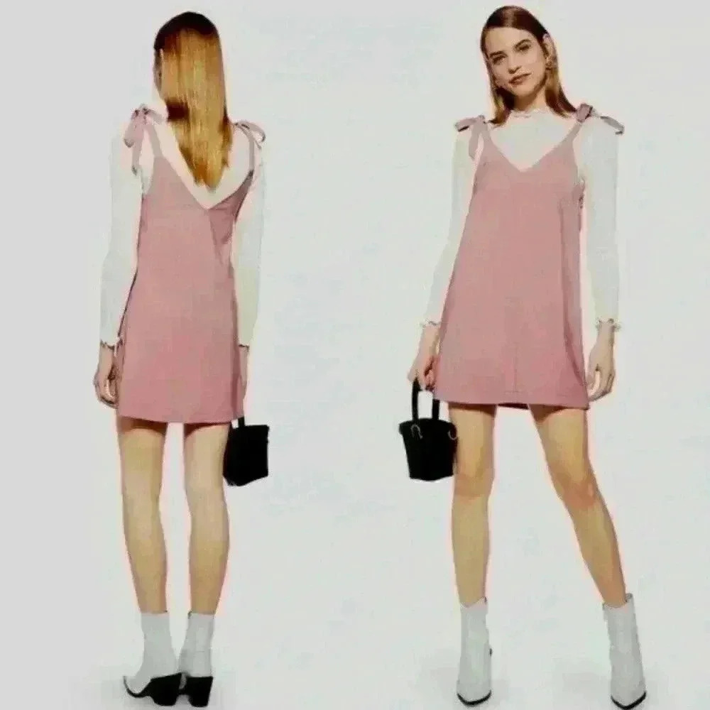 Topshop Women's Pink Side Button Mini Slip Dress Size 2 Sleeveless - Picture 3 of 13